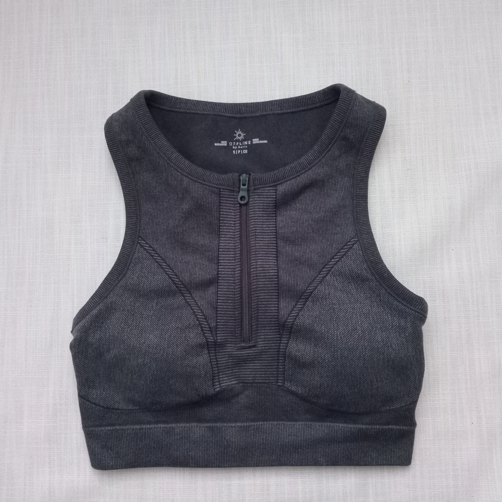 NWOT Offline Aerie Dark Gray Zip Front Cropped Top Sports Bra Size S NWOT